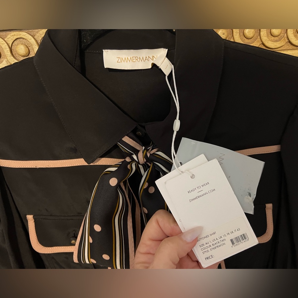 ZIMMERMANN Black and Tan Bow Printed Crepe De Chine Blouse NWT - Picture 6 of 15